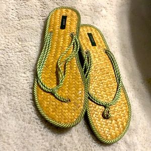 J. Crew Green and White Woven Flip Flop Sandals